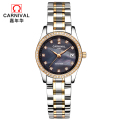 正品嘉年华Carnival手表女士石英表 女表水钻时尚休闲潮流简约防水表金属钢带带日历新款女表8061 间金黑面