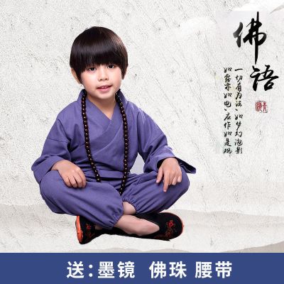 僧袍古装汉服男童夏小孩子衣服演出服童装男 [蓝色和尚服] 墨镜 佛珠