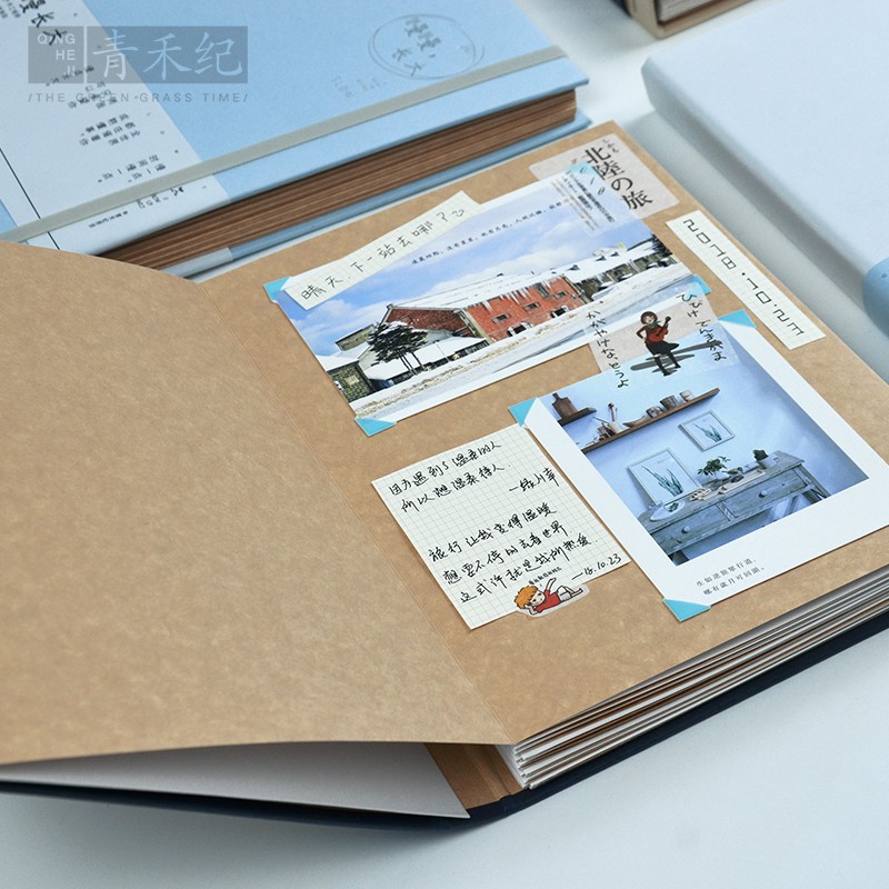 DIY手工制作相册简约照片书宝贝成长影集情侣浪漫大纪念册邮票火车动车机票收藏册景点票明信片收集 三维工匠 浅蓝色高清大图
