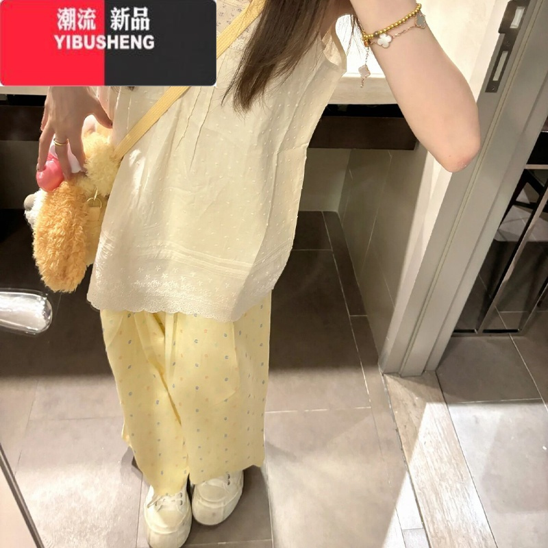 YIBUSHENG多巴胺波点阔腿裤女季薄2024新款休闲小个子高腰冰丝黄色山本裤