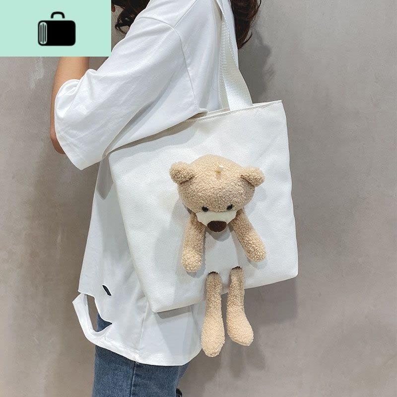 手提包袋小熊包包2020新款潮帆布包女单肩包大容量女包时尚托特包NEW LAKE女士单肩包图片