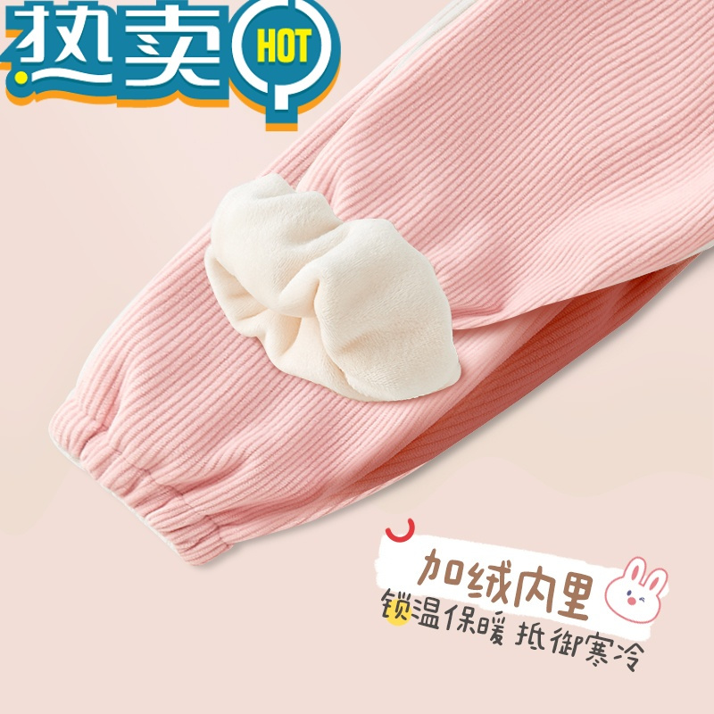 绿彩虹光女童加绒裤子儿童一体绒卫裤宝宝灯芯绒休闲裤加厚秋冬季2023新款