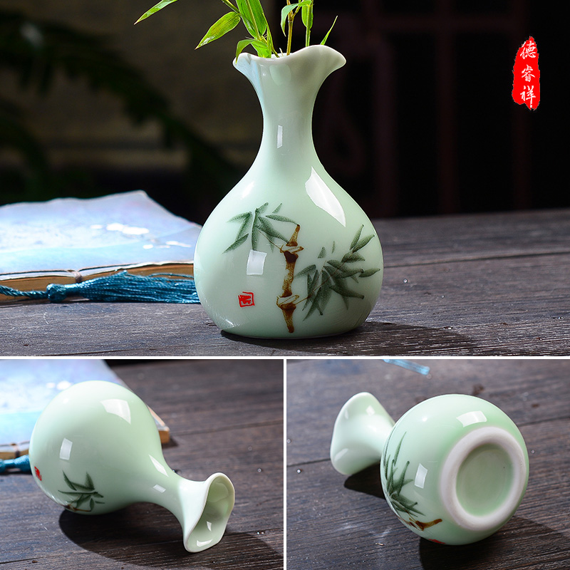 景德镇陶瓷摆件迷你陶瓷手绘小花瓶迷你小花瓶小清新手绘插花瓷器 三维工匠 T款粉青梅高清大图
