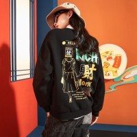 唐狮0春装新款卫衣女chic港风设计小众白色卫衣国潮圆领潮ins S 黑色