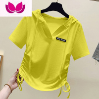 七斓连帽短袖t恤女装新款夏季韩版时尚不规则抽绳打底衫上衣服 4XL 黄色