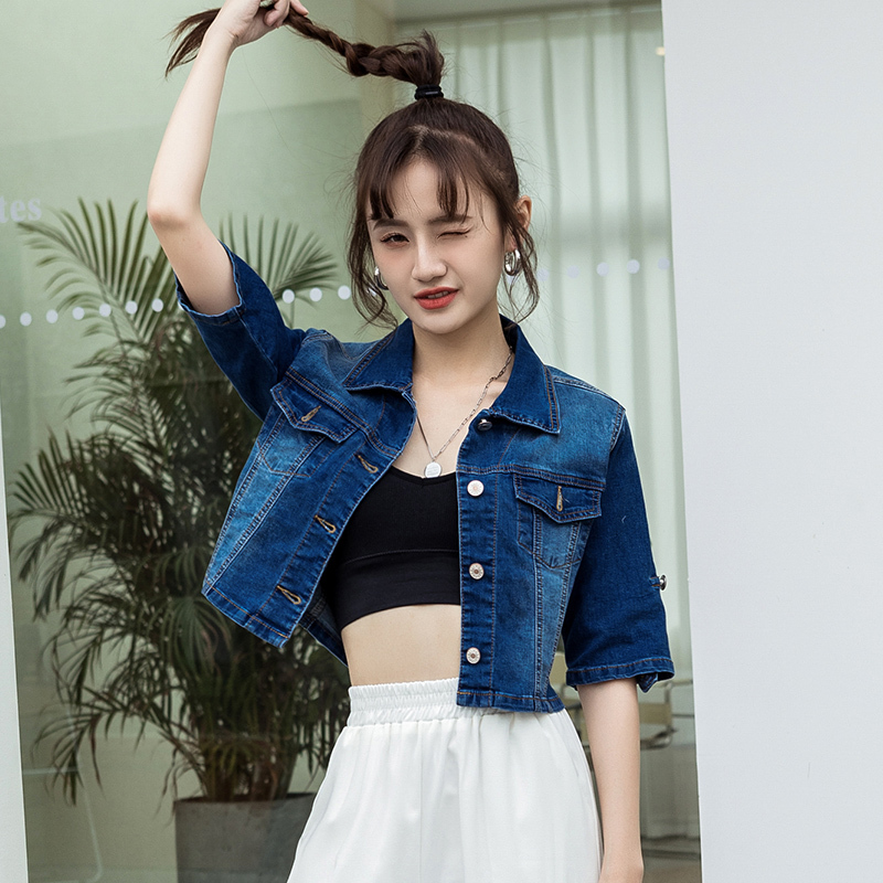 oukabuyi短款薄牛仔外套女夏短袖修身高腰显瘦百搭小披肩外搭上衣
