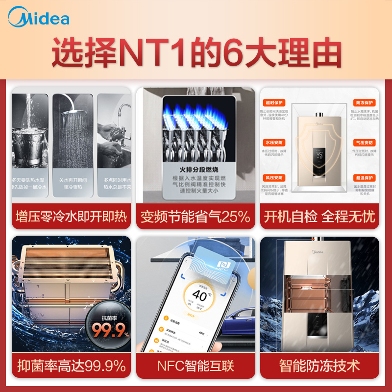 [美的智能家电]16升家用零冷水燃气热水器JSQ30-NT1 (天然气)即开即热 智能变频 节能省气