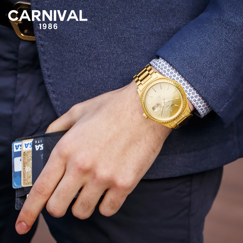 瑞士品牌嘉年华Carnival时尚金色男士手表全金自动机械表 男表双日历进口Miyota机芯腕表防水镶水钻夜光8889G高清大图