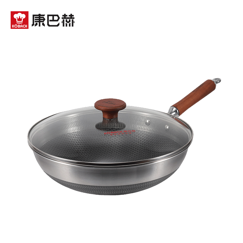 康巴赫(KBH)316L双面屏红木款不锈钢不粘锅炒锅炒菜锅 送刀铲勺三件套[刀具管制地区,赠品刀更换油壶]