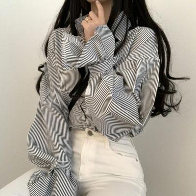 韩国chic法式小众秋装设计感细条纹宽松衬衫女简约内搭长袖上衣潮 黑色 S