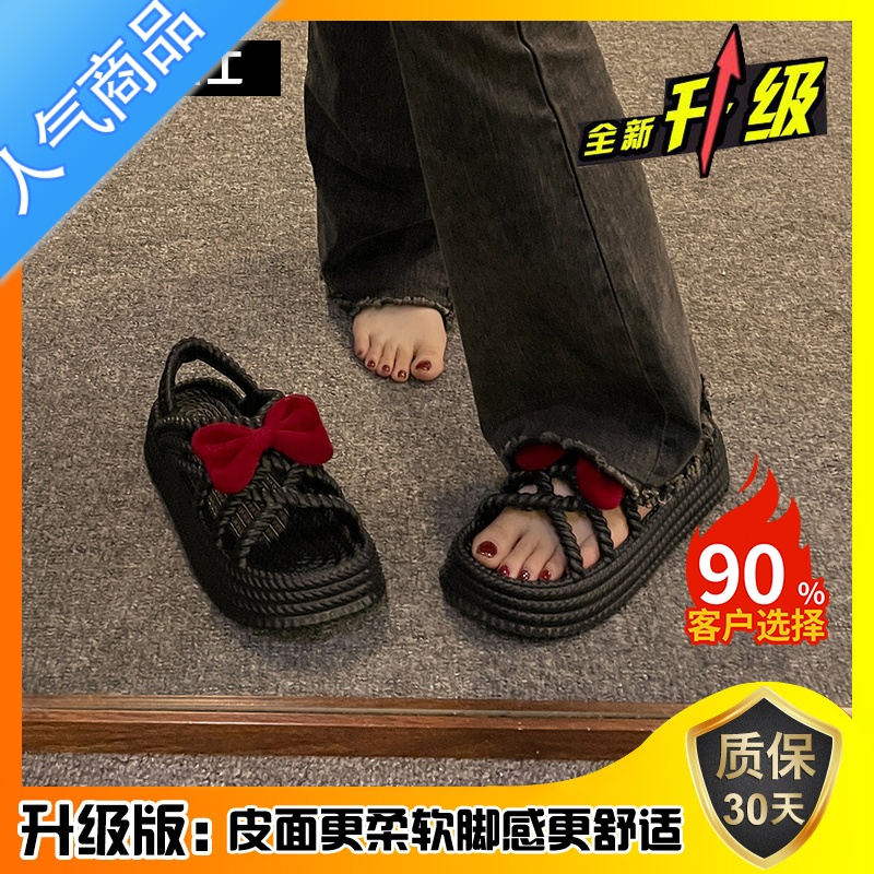 SUNTEK凉鞋女2023年新款夏季外穿可爱蝴蝶结百搭学生松糕厚底沙滩罗马鞋高清大图