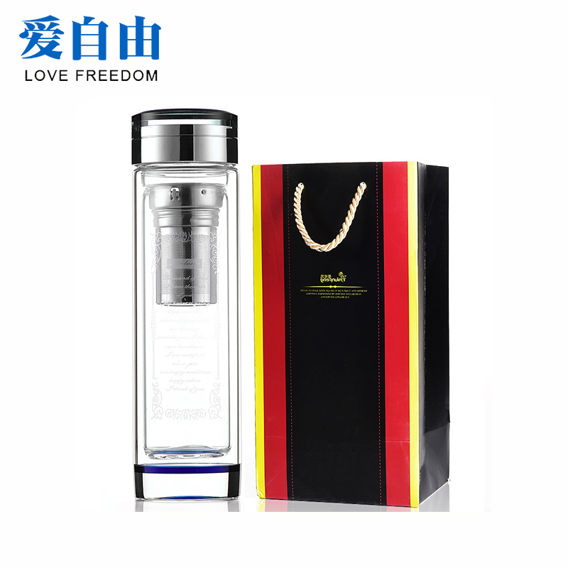 爱自由双层水晶玻璃杯商务车载便携水杯大容量简约泡茶杯男女士透明杯子高清大图