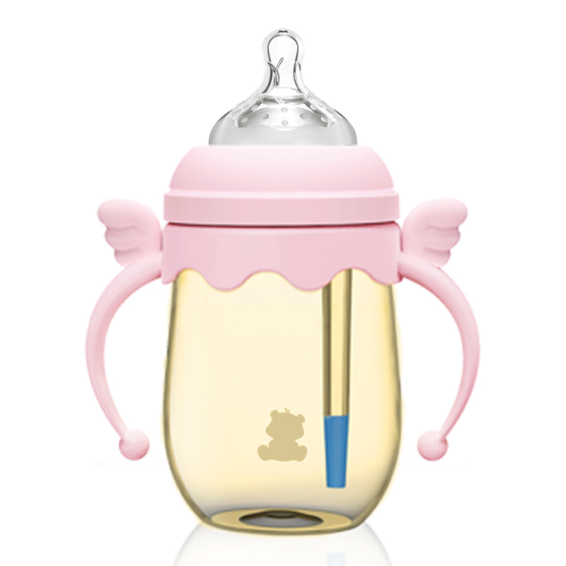 小白熊(XIAOBAIXIONG)宽口径初生儿带手柄 PPSU感温奶瓶 婴儿奶瓶防摔 260ml(粉)09383