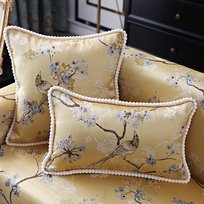 家柏饰(CORATED)欧式抱枕套子沙发靠垫厅卧室靠枕头时尚长方形车用靠背抱枕套大号 鸟语花香-黄色球边 55*55cm（枕芯+枕套）