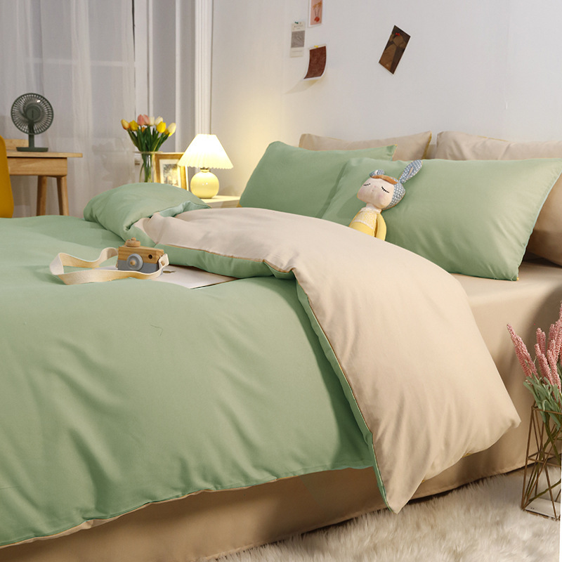 水洗棉四件套日系纯色床单被罩4件套 简约被套宿舍床上用品三件