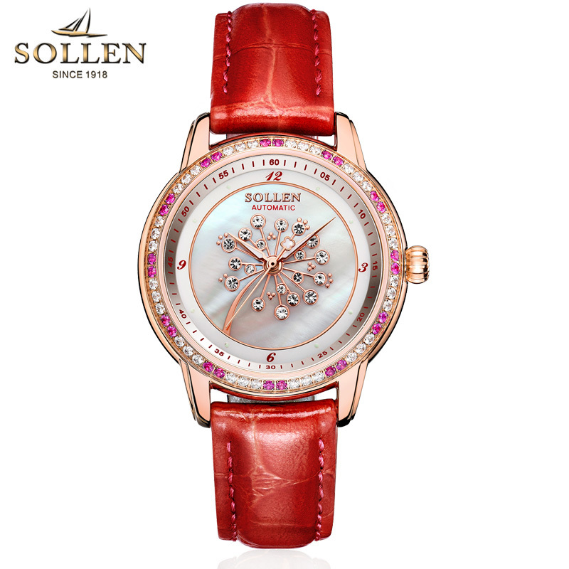 梭伦(SOLLEN)手表女蒲公英新款正品自动机械表皮带时尚潮流生活防水女表SL-408