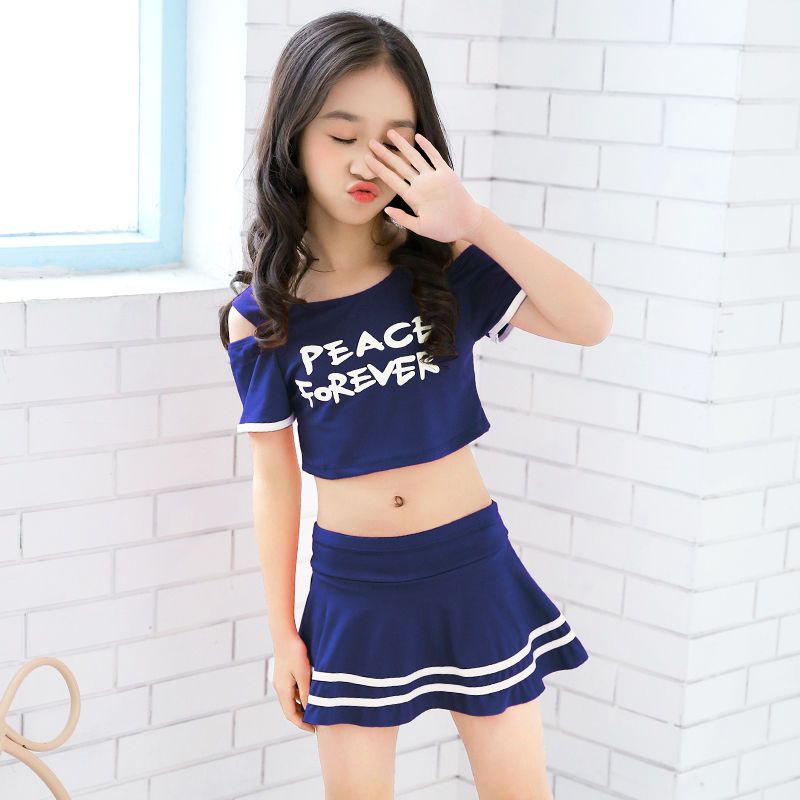 运动款儿童泳衣 女孩分体裙式平角裤中大童学生少女可爱游泳套装