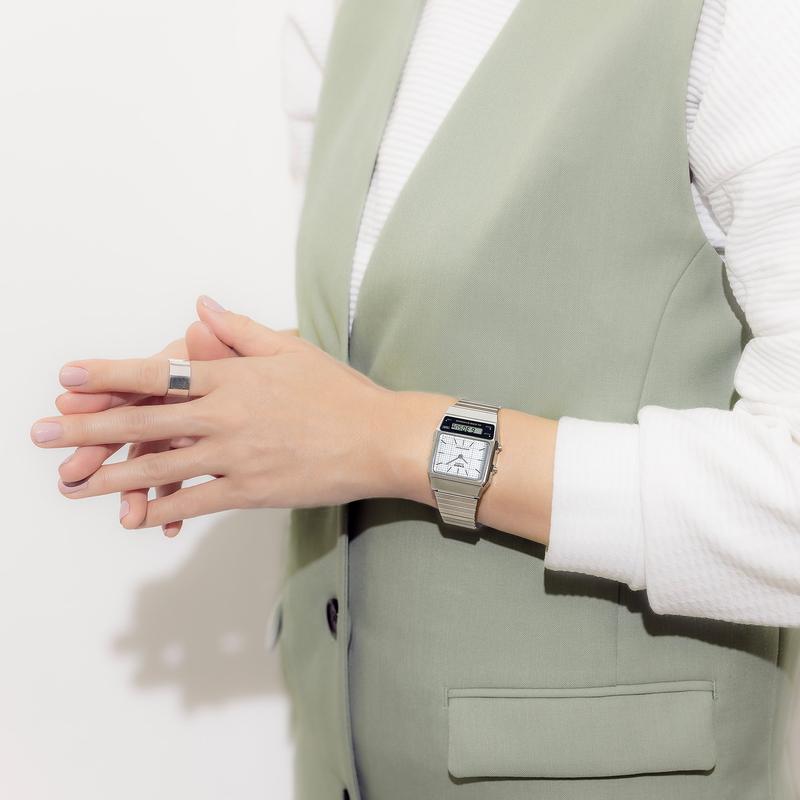 CASIO 卡西欧复古风银色不锈钢男士石英手表高清大图