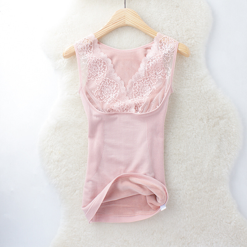 迪鲁奥（DILUAO)授权店铺托胸保暖背心女加厚加绒防寒加绒背心女冬季无袖蕾丝美体紧身_890 灰粉色 165(L)