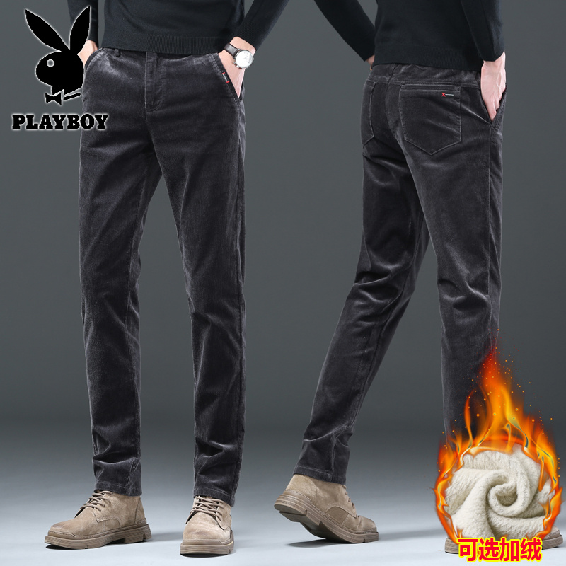 花花公子新款高品质灯芯绒男裤松紧腰头休闲裤弹力修身小直筒裤（支持代发）高清大图