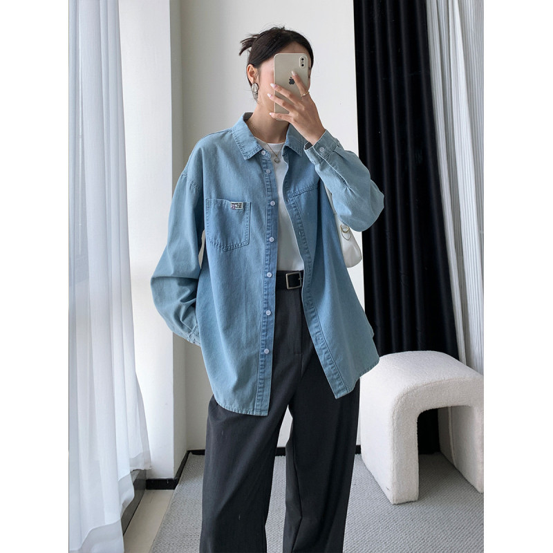 唐狮春秋衬衫女复古牛仔做旧长袖衬衣款外套ins百搭