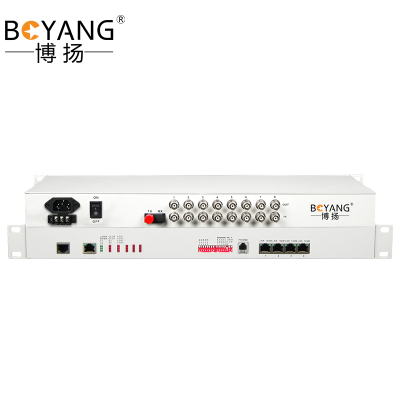 博扬 BY-8E1-4EV PDH光端机8E1 8路2M+4路以太网带物理隔离 FC单纤20公里 机架式 双电源