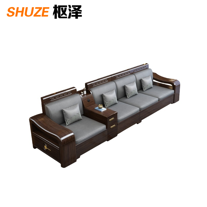 枢泽 沙发 实木沙发 四人位+茶水柜 套高清大图