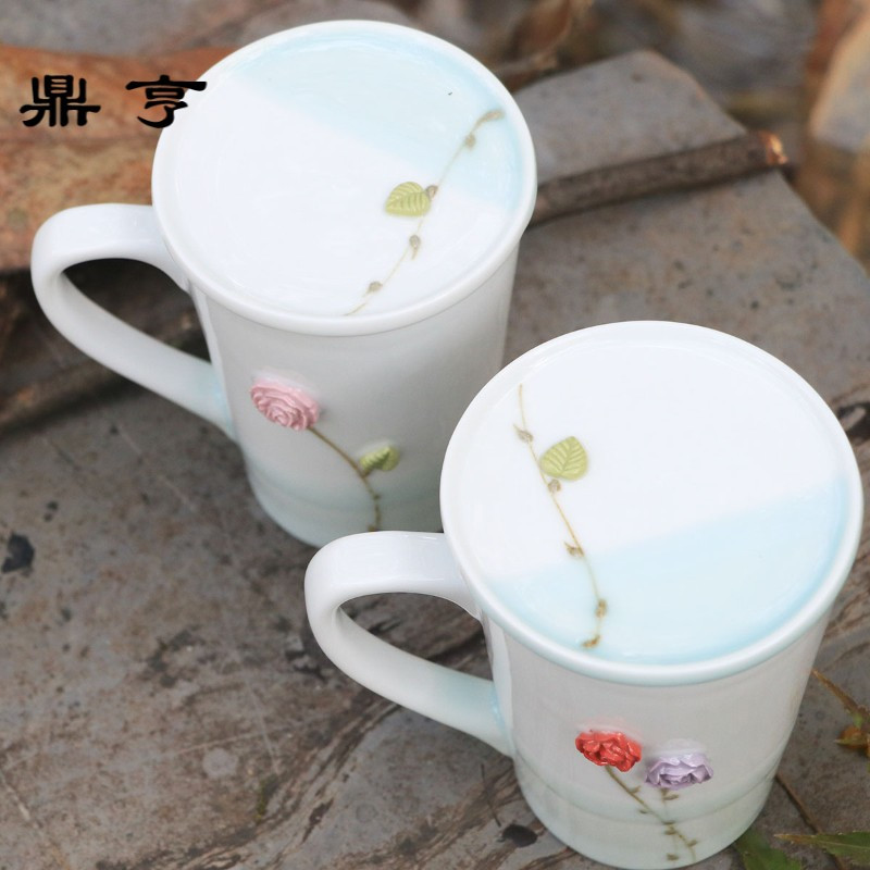 鼎亨可爱陶瓷水杯马克杯带盖勺大容量 创意定制情侣水杯咖啡杯牛