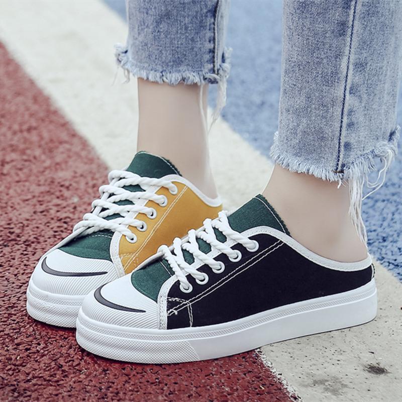 无后跟帆布鞋女韩版学生半拖鞋春季新款平底一脚蹬懒人鞋休闲女鞋02款