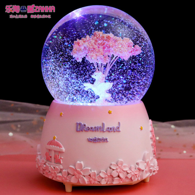 梦幻樱花水晶球音乐盒雪花天使跳舞女孩旋转八音盒夜灯女生日礼物 爱莎女孩(音乐+彩灯+摇晃飘雪)