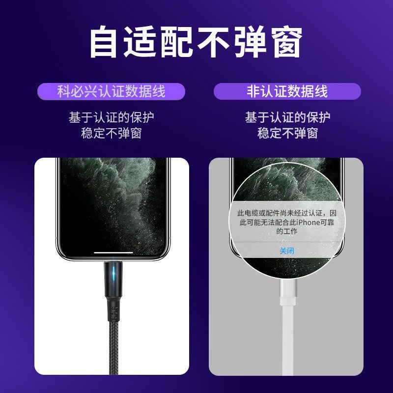 适用苹果手机数据线呼吸灯发光iPhone11/8/7plus手机通用6s充电线 梦幻紫[智能呼吸灯] 0.25米[1条装