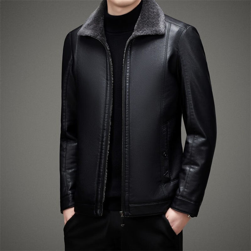 加厚爸爸装冬季新款中年男士外套翻领保暖休闲机车皮衣男装皮夹克冬装