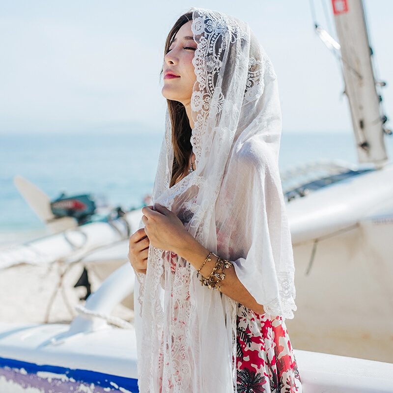 2018夏季蕾丝围巾丝巾女民族风新娘防晒纱巾两用泰国沙滩海边披肩