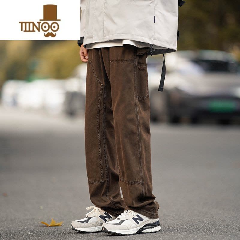 YANXU军绿色牛仔裤男宽松ins水洗阔腿工装裤潮牌复古拖地直筒裤子图片