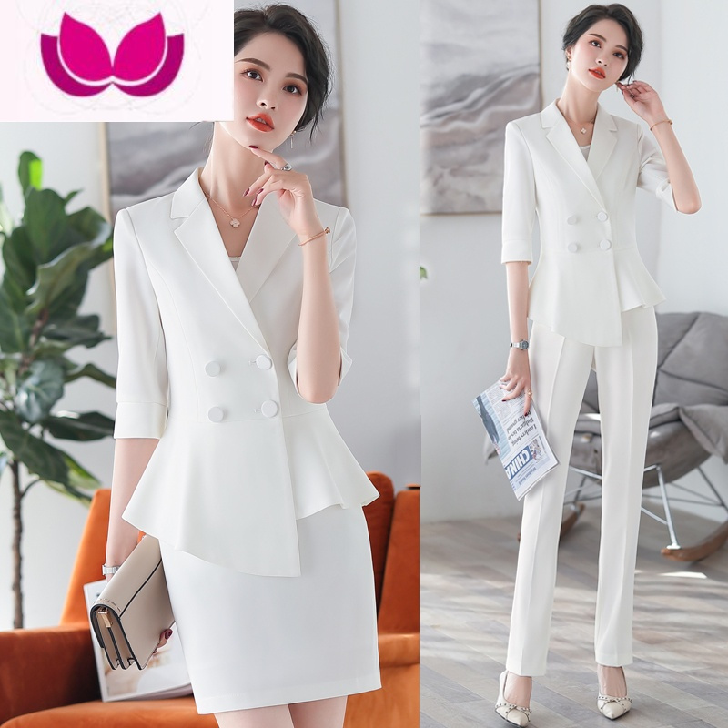 七斓白色职业西装套装气质女夏季薄款高端美容院店长美容师工作服套裙