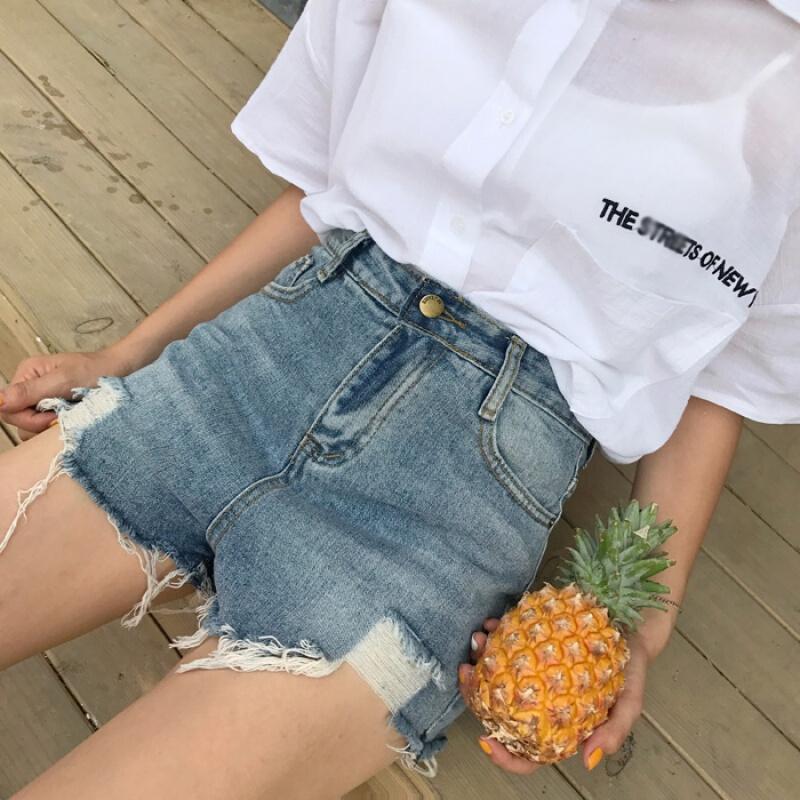 夏装女装韩版高腰显瘦做旧不规则破洞牛仔裤短裤阔腿裤直筒裤学生图片色