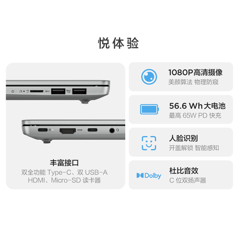 联想(Lenovo)小新14 2023酷睿版 14英寸轻薄本笔记本电脑(13代i5-1340P 16G 512G 16:10 FHD)卷云灰