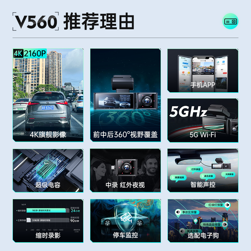 凌度(BLACKVIEW)V560三录行车记录仪 车内外高清星光夜视双摄 多角度拍摄 128G卡(送香薰挂饰+读卡器)