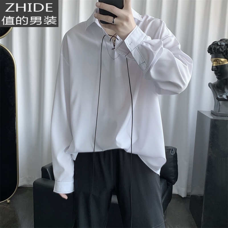 SUNTEK黑暗系男装衬衫小众设计感痞帅冷淡上衣禁欲系复古港味飘带衬衣服衬衫高清大图