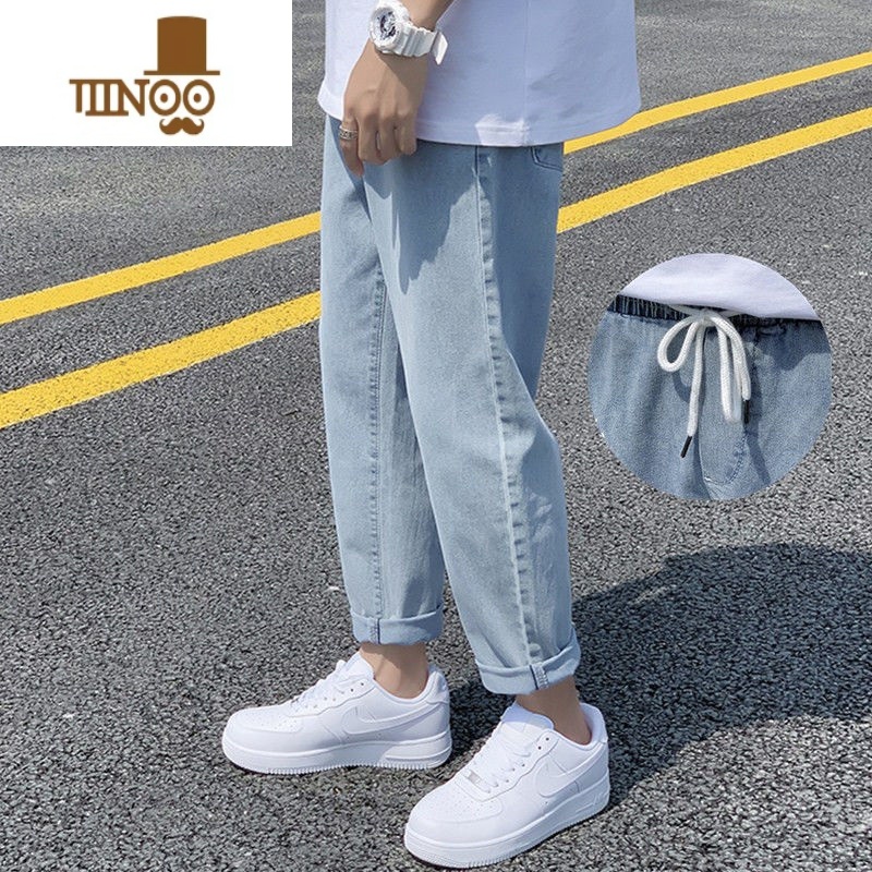 YANXU2023四季可穿休闲直筒牛仔裤男生潮牌宽松弹力腰系绳松紧腰长裤纯色简约学生韩版阔腿百搭裤子