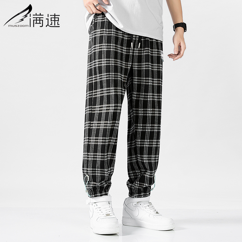 满速男士春秋季宽松休闲裤新款格子裤男运动束脚裤潮流九分裤复古