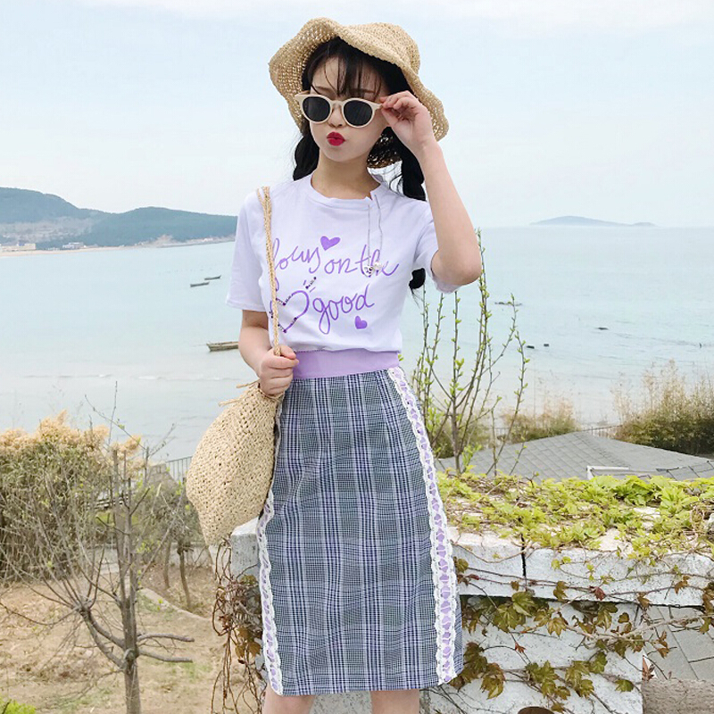 里小姐~韩版时尚休闲套装夏装甜美订珠紫色字母T恤+半身裙白T+格子裙