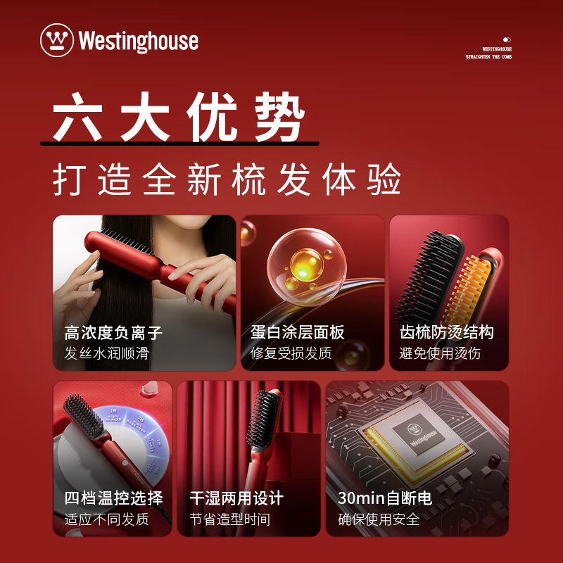 西屋(WESTINGHOUSE) 离子/直发梳Z01红色(单位:个)高清大图