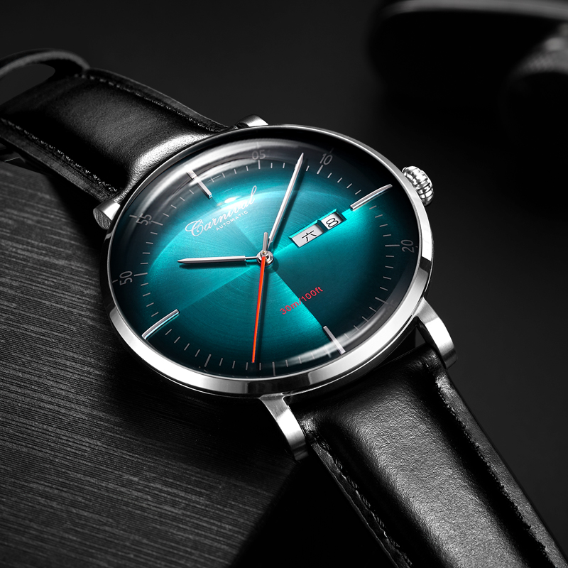 嘉年华Carnival手表正品男士全自动机械表 男表进口机芯防水休闲时尚潮流简约个性炫酷男表真皮大表盘品牌表8894 银绿表盘