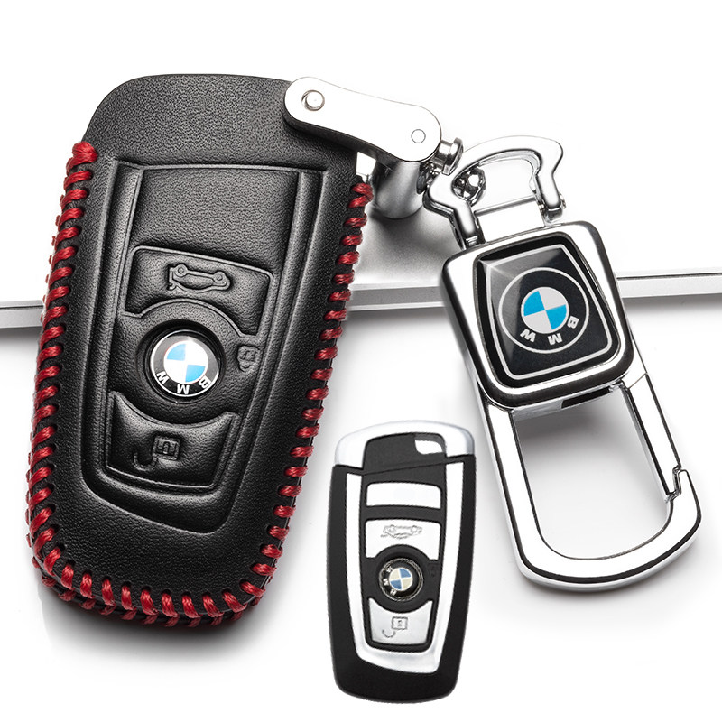 【补贴10%】2020款宝马x1/X2钥匙套18款专用汽车真皮钥匙包扣新智能刀锋2016汽车钥匙包 A款黑红色方形一键启动三个按键+扣