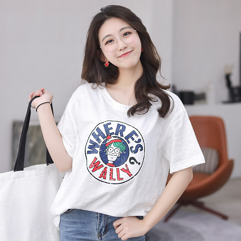 夏装短袖T恤女2018新款韩版竹节棉宽松休闲半袖印花圆领体恤上衣