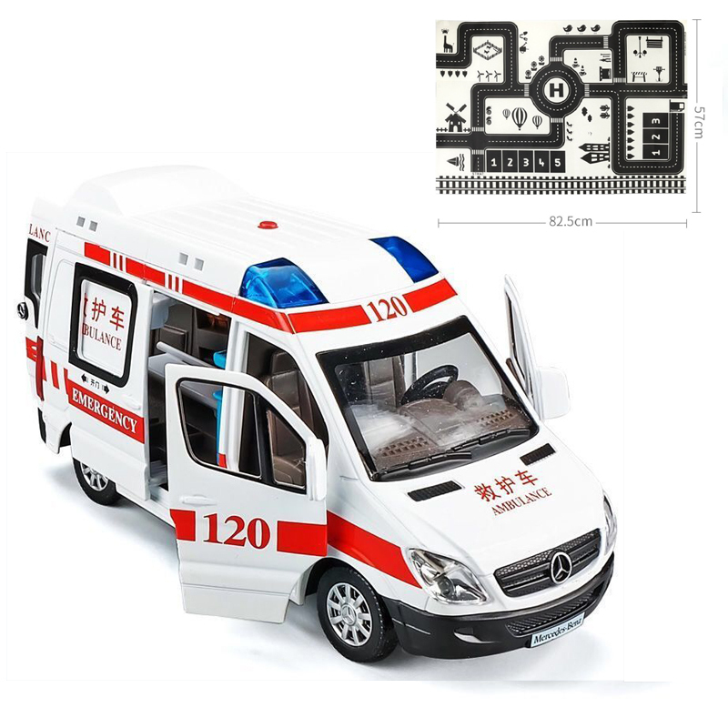儿童120救护车仿真110警车汽车模型男孩合金消防车汽车玩具-中号救护车+停车毯