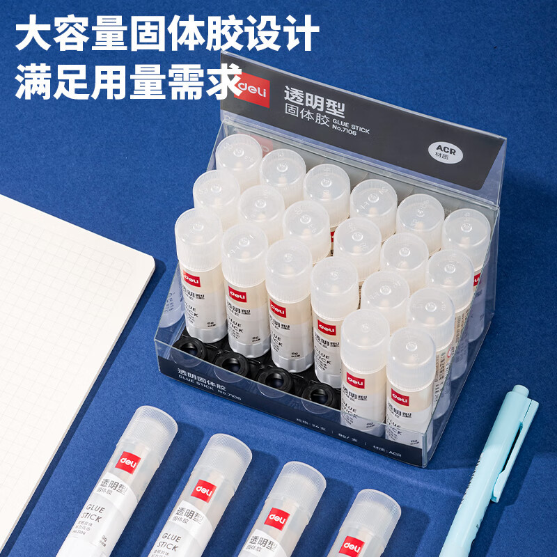 得力7106 固体胶胶棒小号8g/支 3支装 ACR缓干材质强黏缓干 透明色高粘度顺滑便携无甲醛 财务办公用品