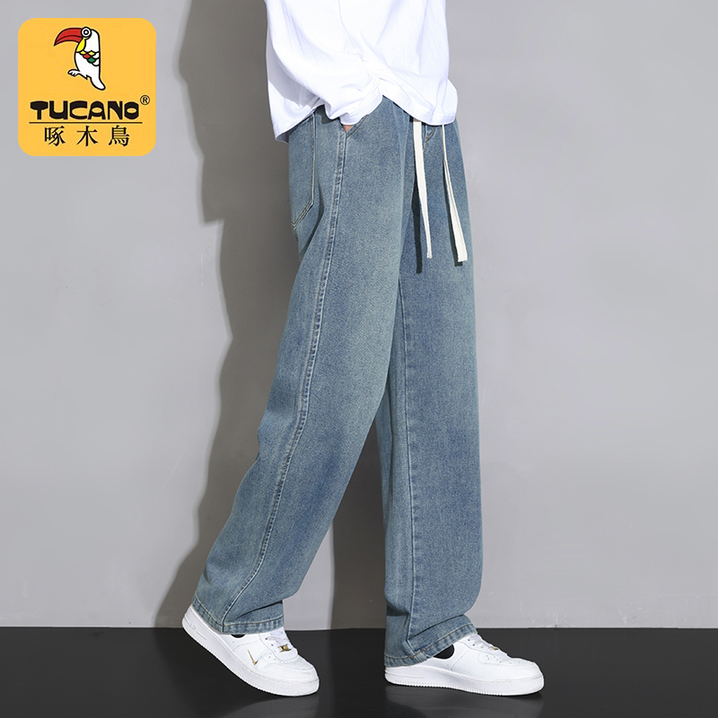 牛仔裤秋冬青少年男生宽松阔腿男士休闲直筒加绒加厚长裤士高清大图