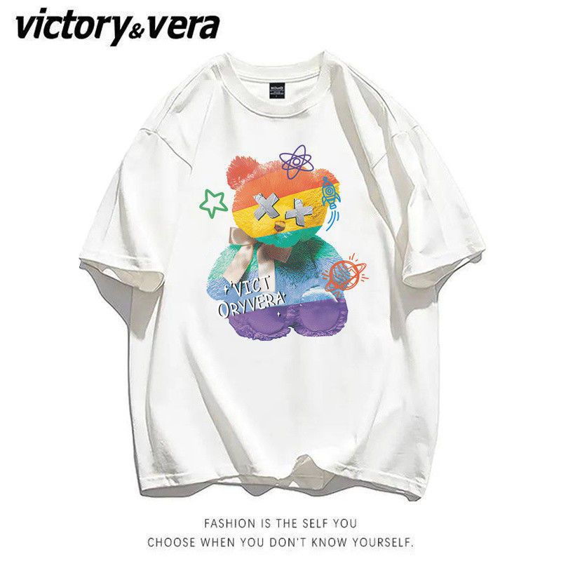VICTORYVERA美式复古小熊短袖T恤女2022新款夏季宽松韩版百搭上衣